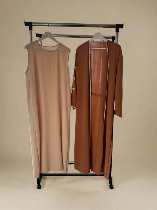 Light Brown & Beige Ribboned Abaya Set