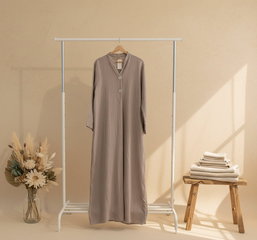 Dual Buttoned Stale Taupe Long Sleeved Dress