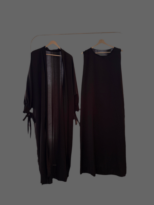 Silky Black Ribboned Abaya Set