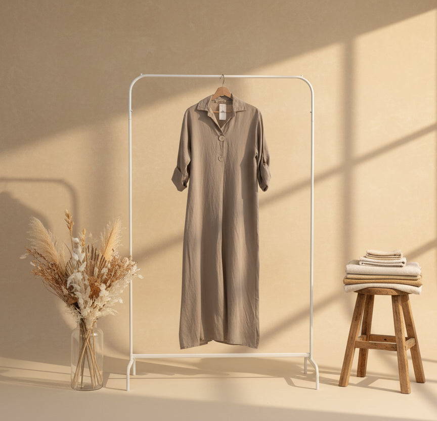 Dual Buttoned Taupe Short Sleeved Dress