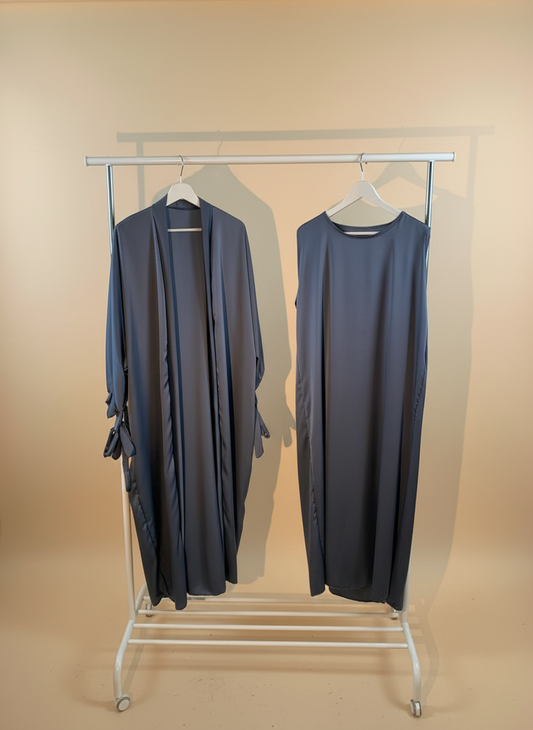 Silky Teel Blue Ribboned Abaya Set