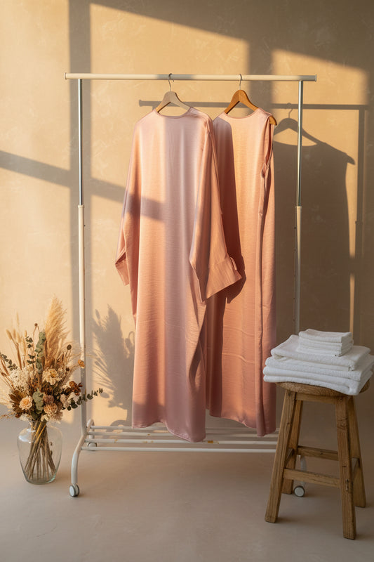Ribboned Light Rose Silky Abaya Set