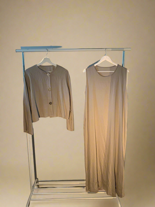 Beige Buttoned Blouse & Dress Set