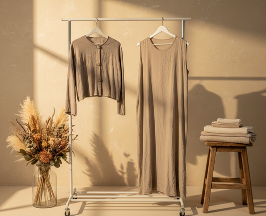 Beige Buttoned Blouse & Dress Set