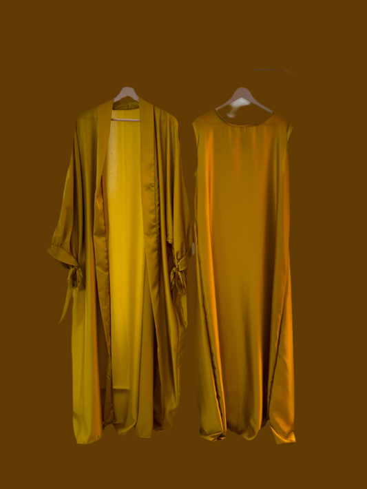 Silky Neon Golden Ribboned Abaya Set