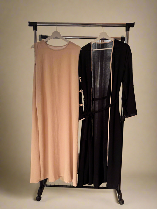 Black & Beige Ribboned Abaya Set