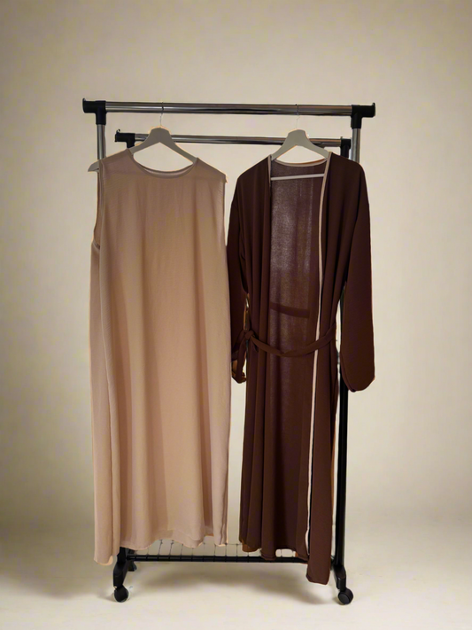 Brown & Beige Ribboned Abaya Set