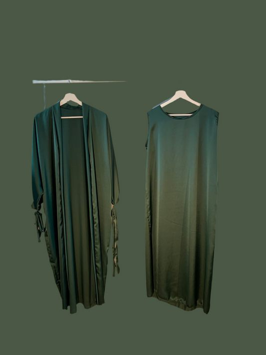 Silky Dark Green Ribboned Abaya Set