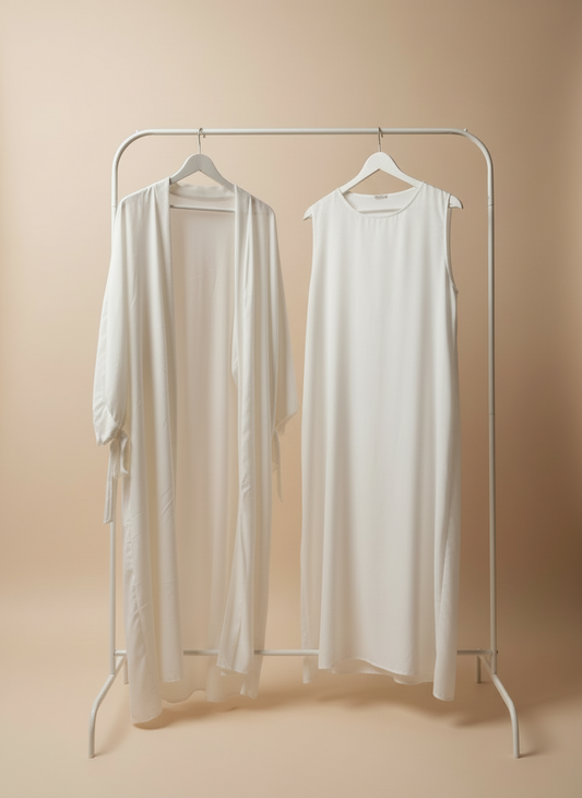 Silky White Ribboned Abaya Set