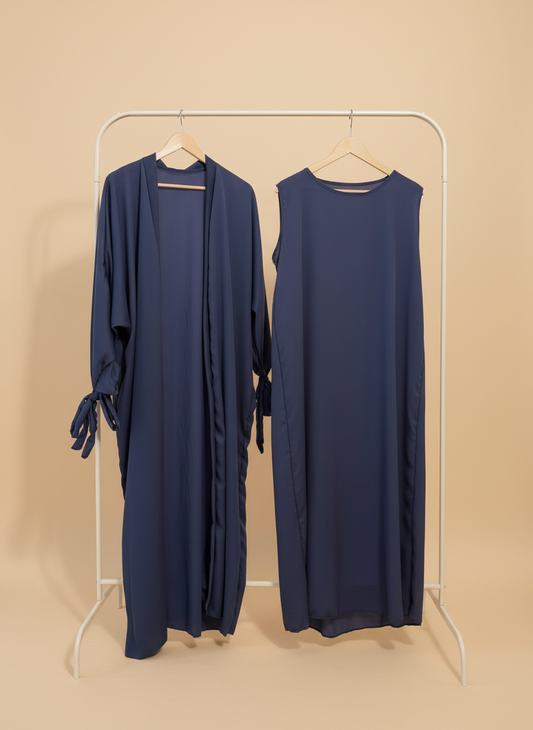 Silky Blue Ribboned Abaya Set