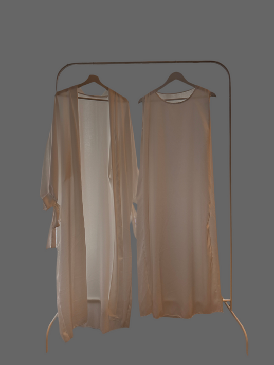 Silky White Ribboned Abaya Set