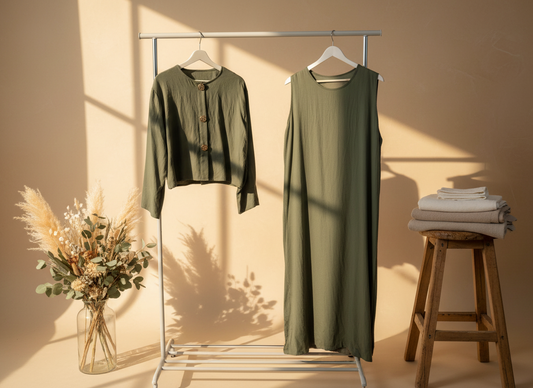 Dark Green Buttoned Blouse & Dress Set