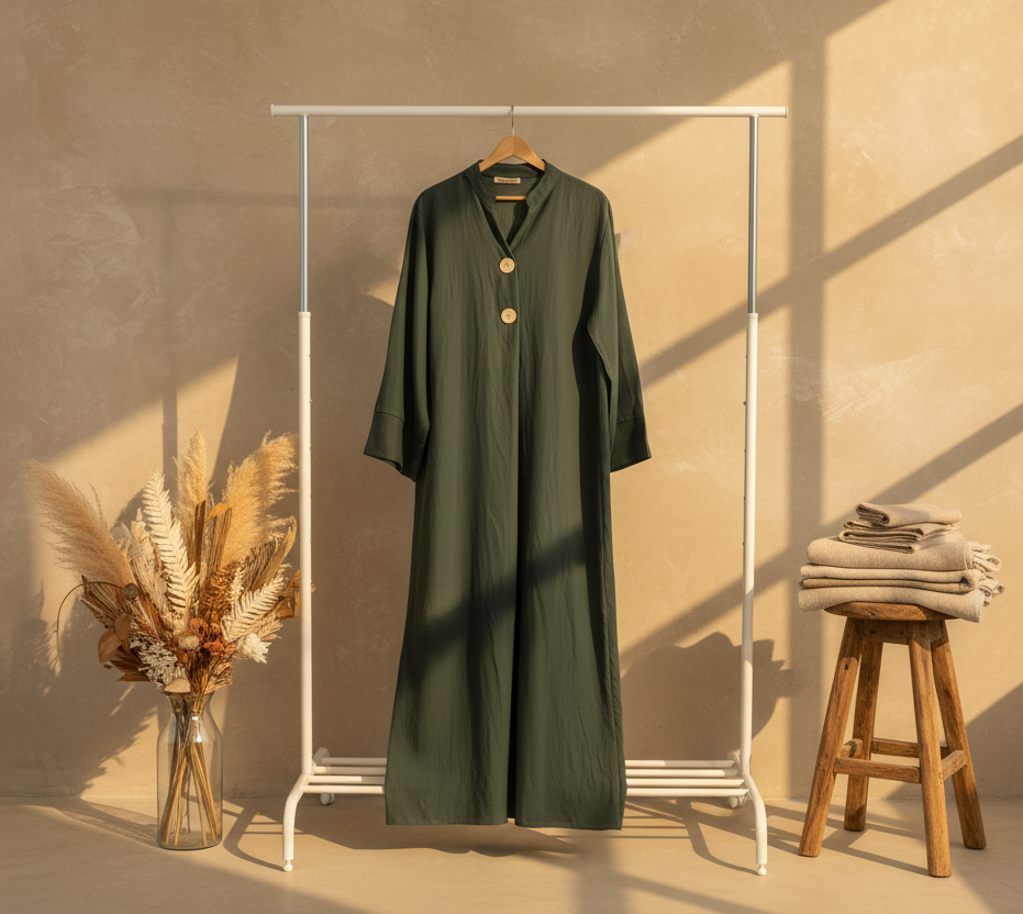 Dual Buttoned Calming Green Long Sleeved Dress
