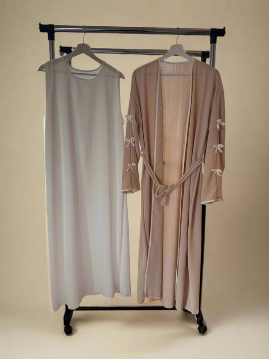 White & Beige Ribboned Abaya Set