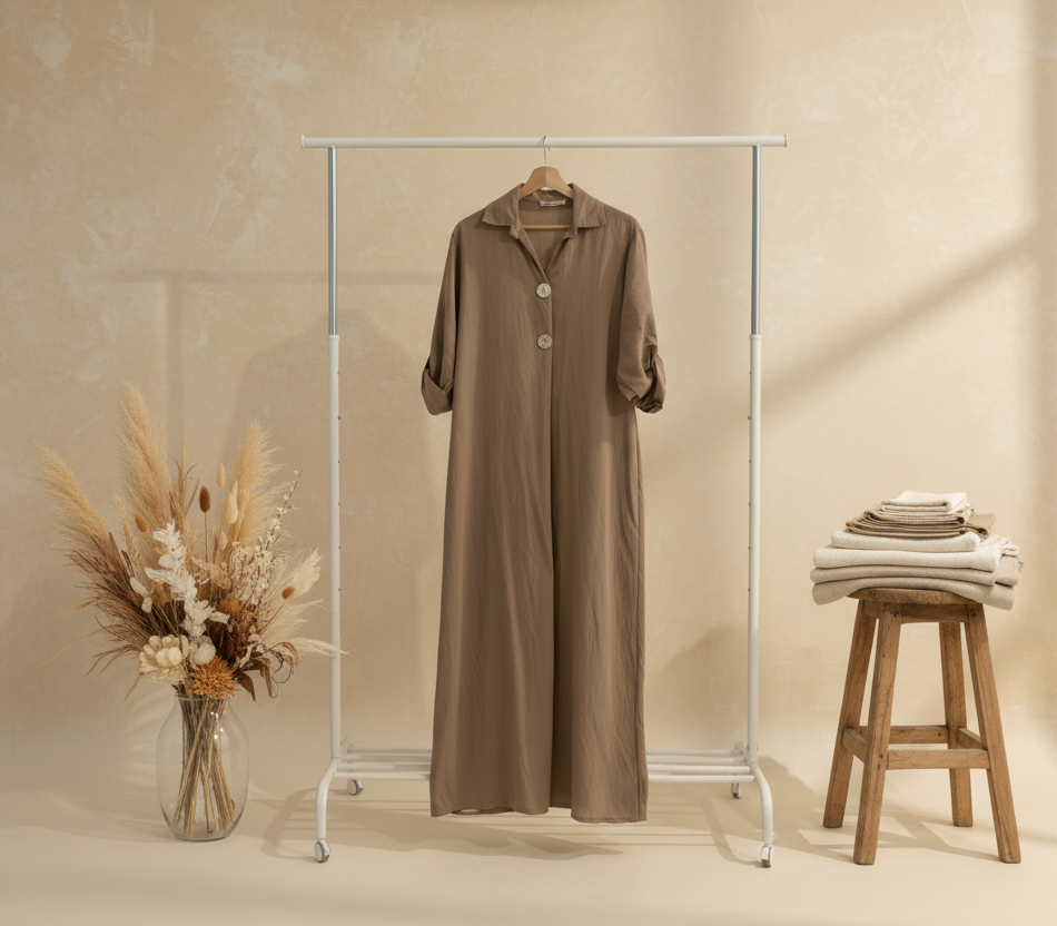 Dual Buttoned Cappuchino Brown Short Sleeved Dress