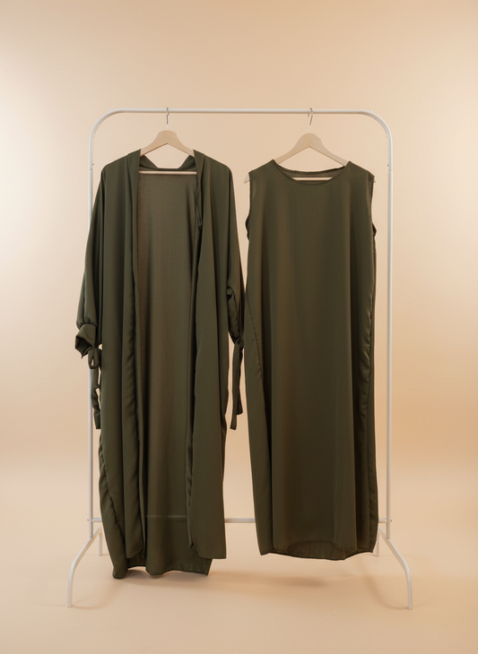 Silky Dark Green Ribboned Abaya Set