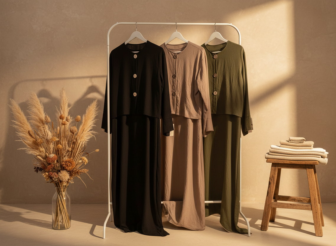 Beige Buttoned Blouse & Dress Set