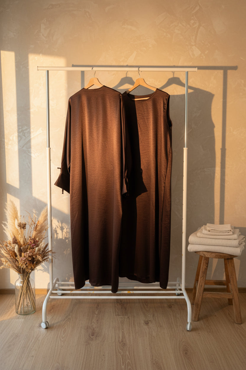 Ribboned Brown Silky Abaya Set