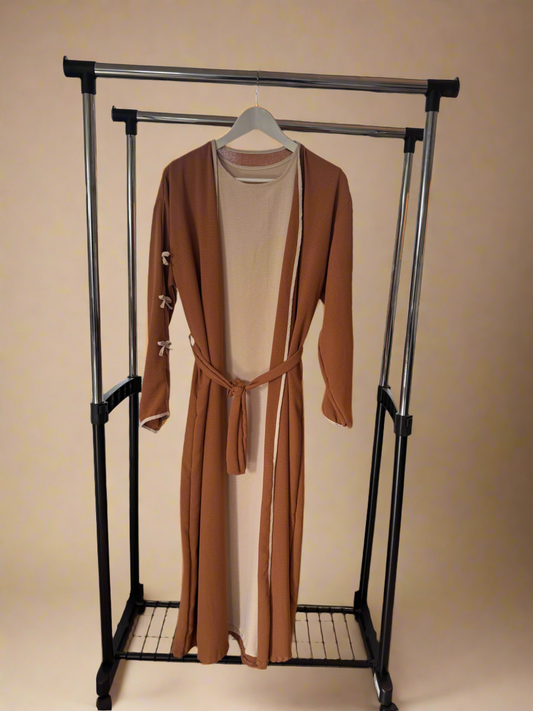 Light Brown & Beige Ribboned Abaya Set