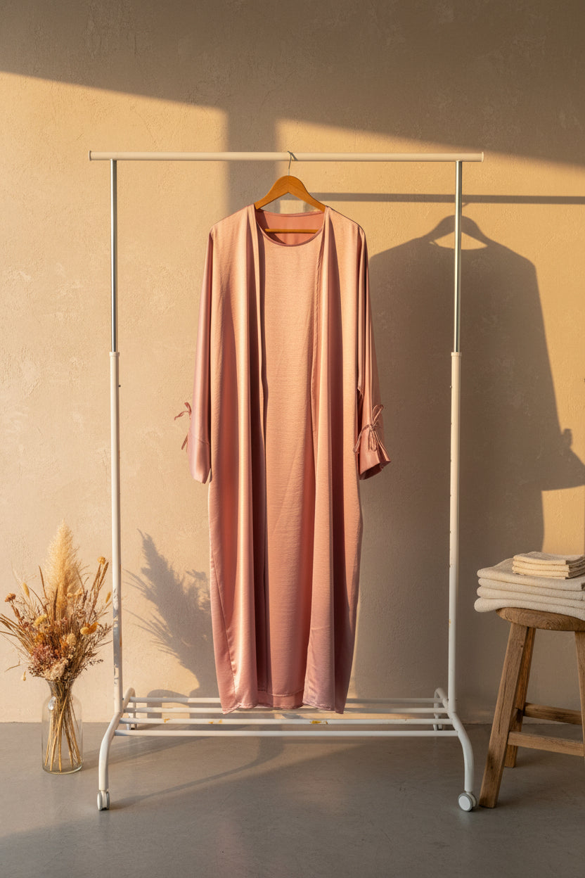 Ribboned Light Rose Silky Abaya Set