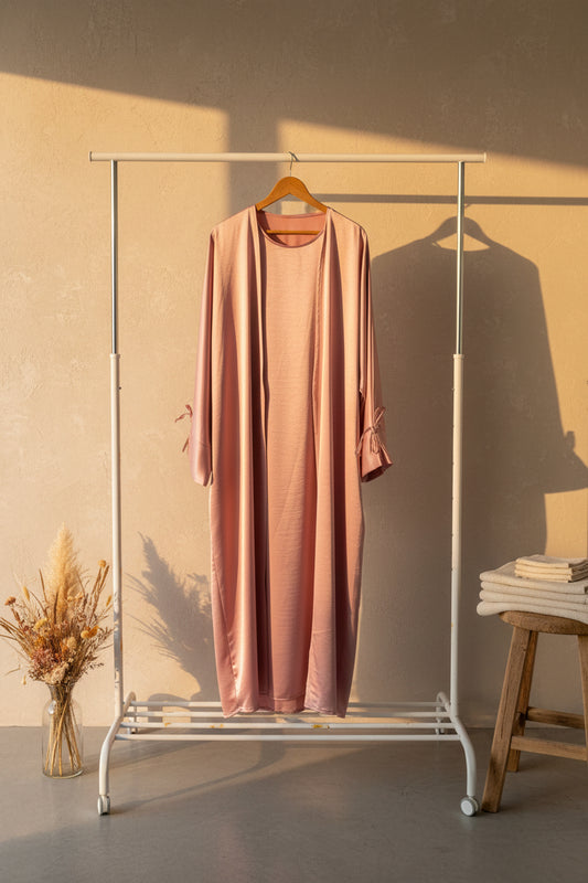 Ribboned Light Rose Silky Abaya Set