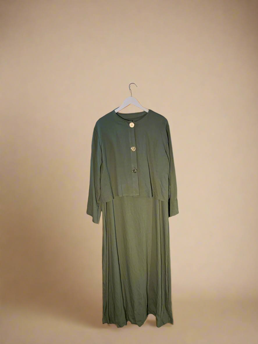 Dark Green Buttoned Blouse & Dress Set