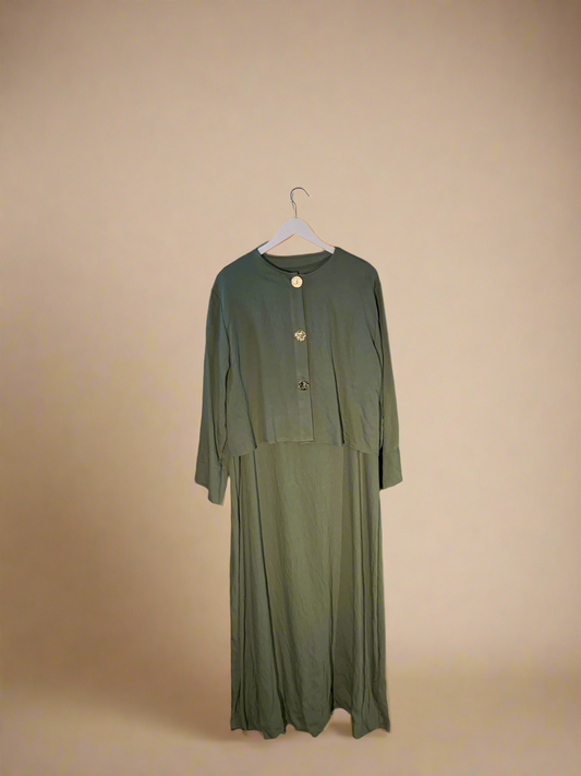 Dark Green Buttoned Blouse & Dress Set
