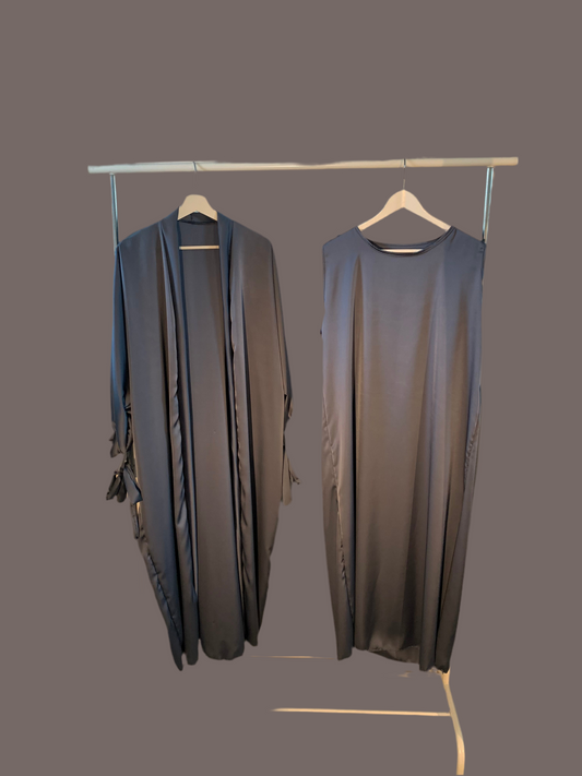 Silky Teel Blue Ribboned Abaya Set