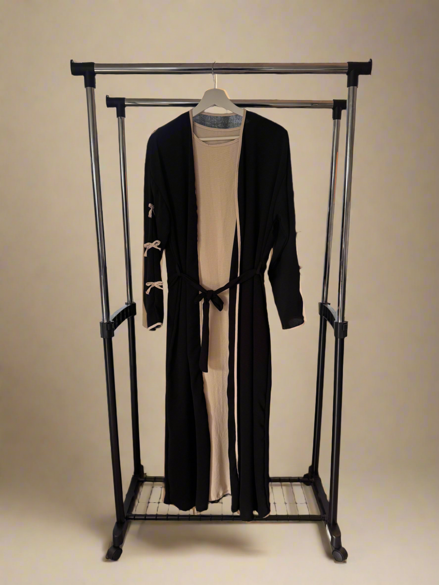 Black & Beige Ribboned Abaya Set