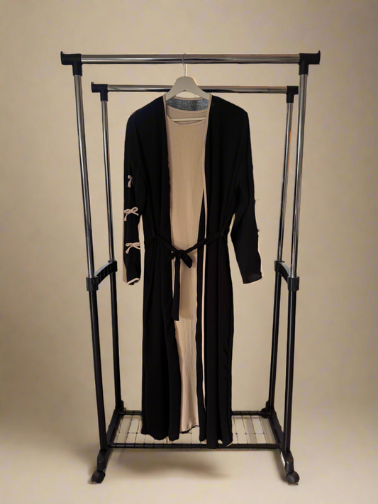 Black & Beige Ribboned Abaya Set