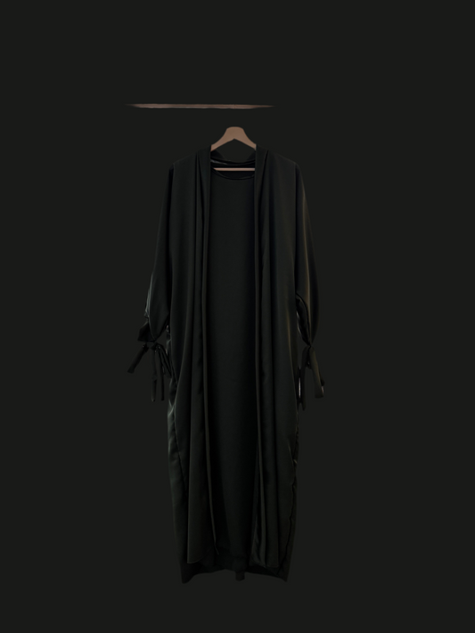 Silky Dark Green Ribboned Abaya Set