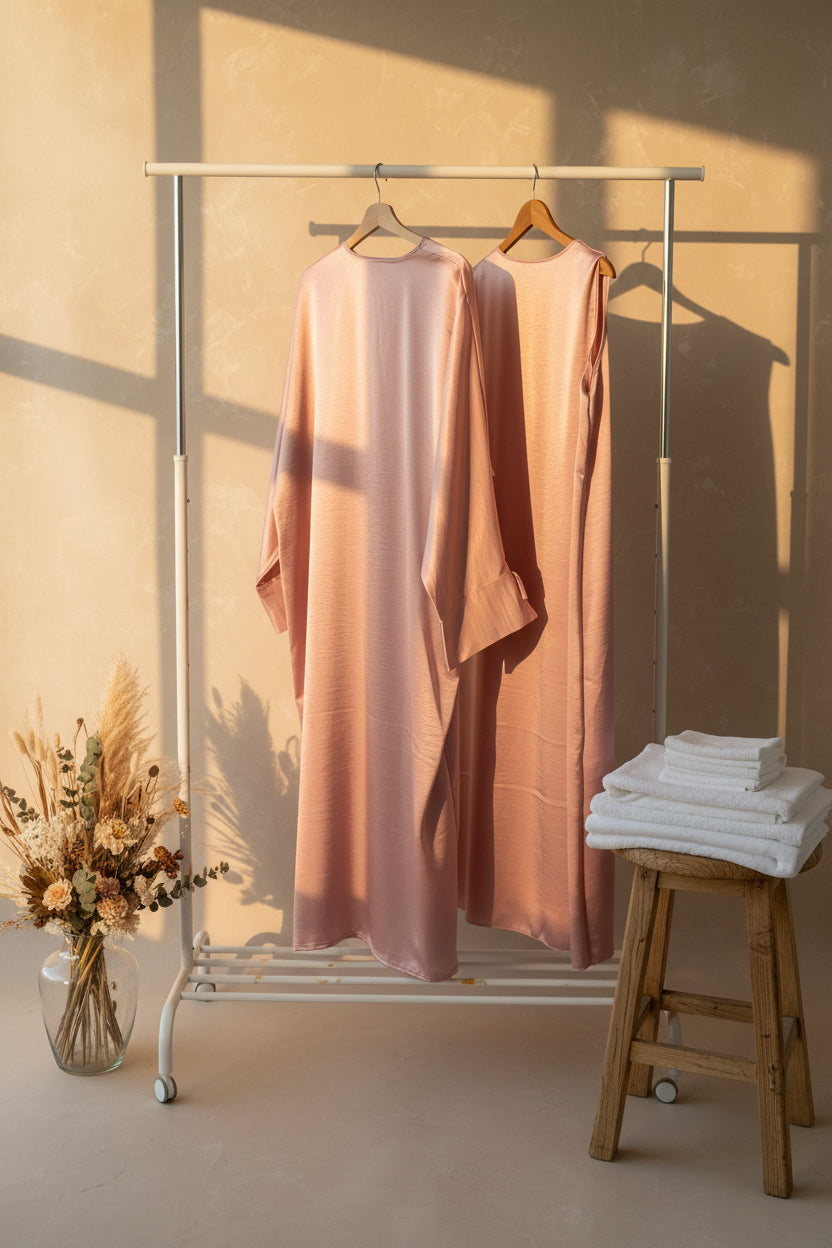 Ribboned Light Rose Silky Abaya Set
