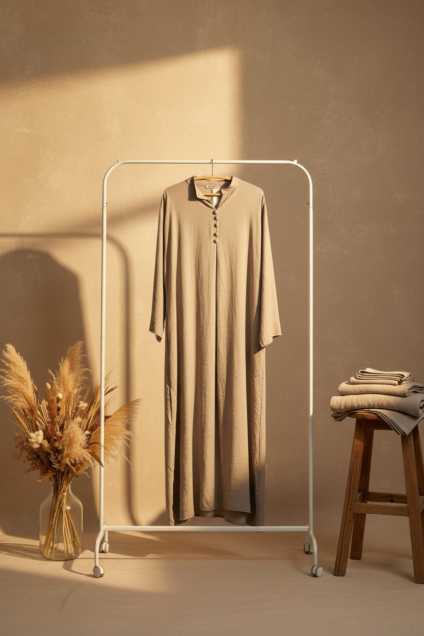 Light Beige Open Collar Buttoned Dress