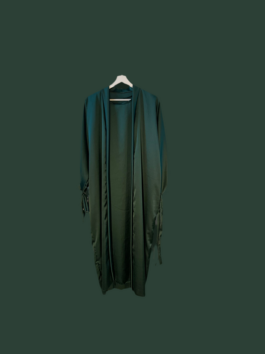 Silky Dark Green Ribboned Abaya Set