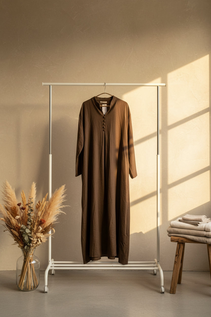 Brown Open Collar Buttoned Dress