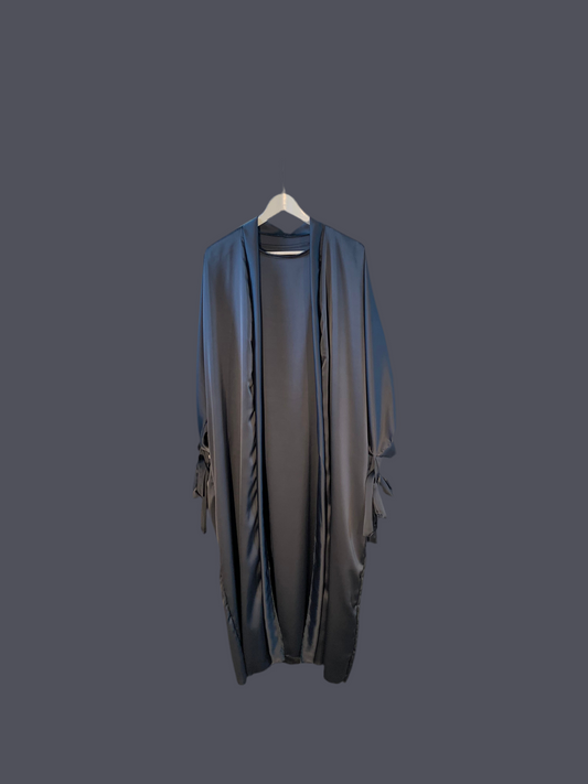 Silky Teel Blue Ribboned Abaya Set