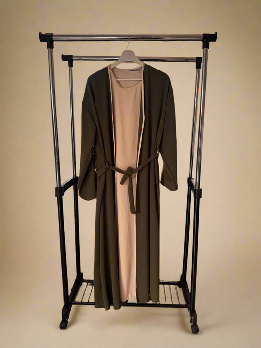 Green & Beige Ribboned Abaya Set