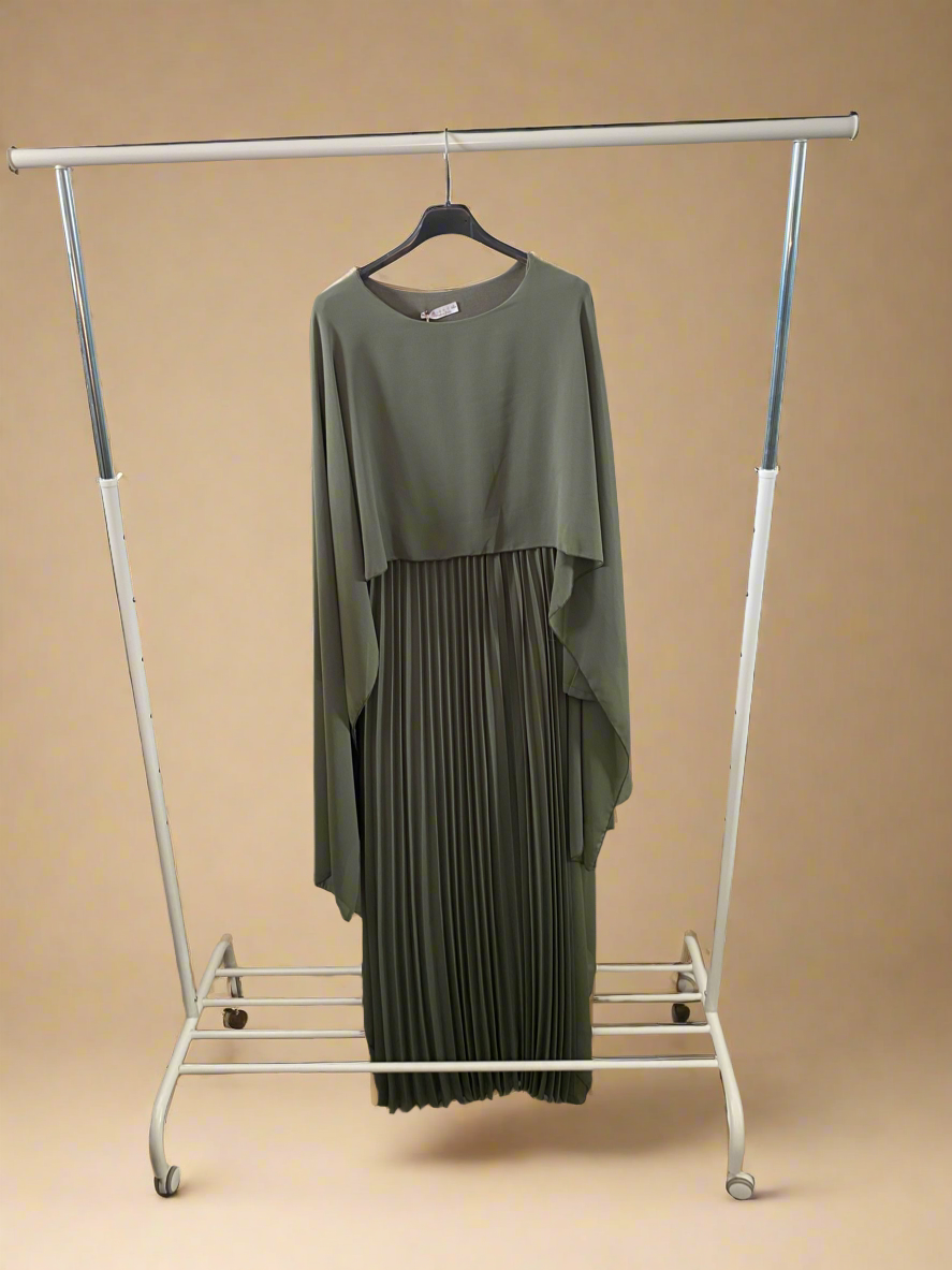 Elegant Olive green Caped & Pleated Dress