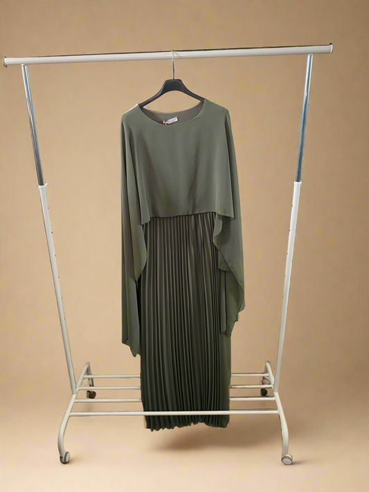 Elegant Olive green Caped & Pleated Dress