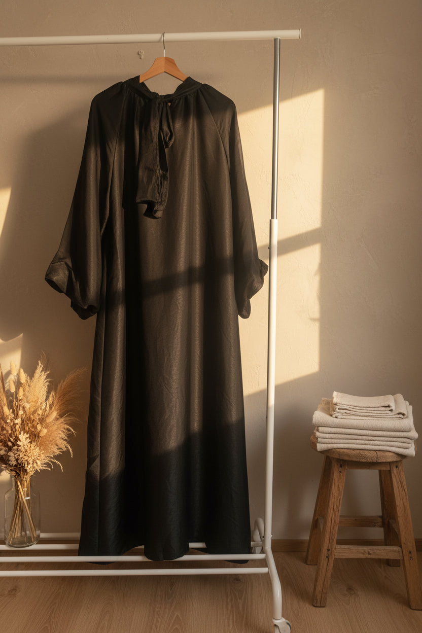 Glistening Black Balloon Sleeved Gown