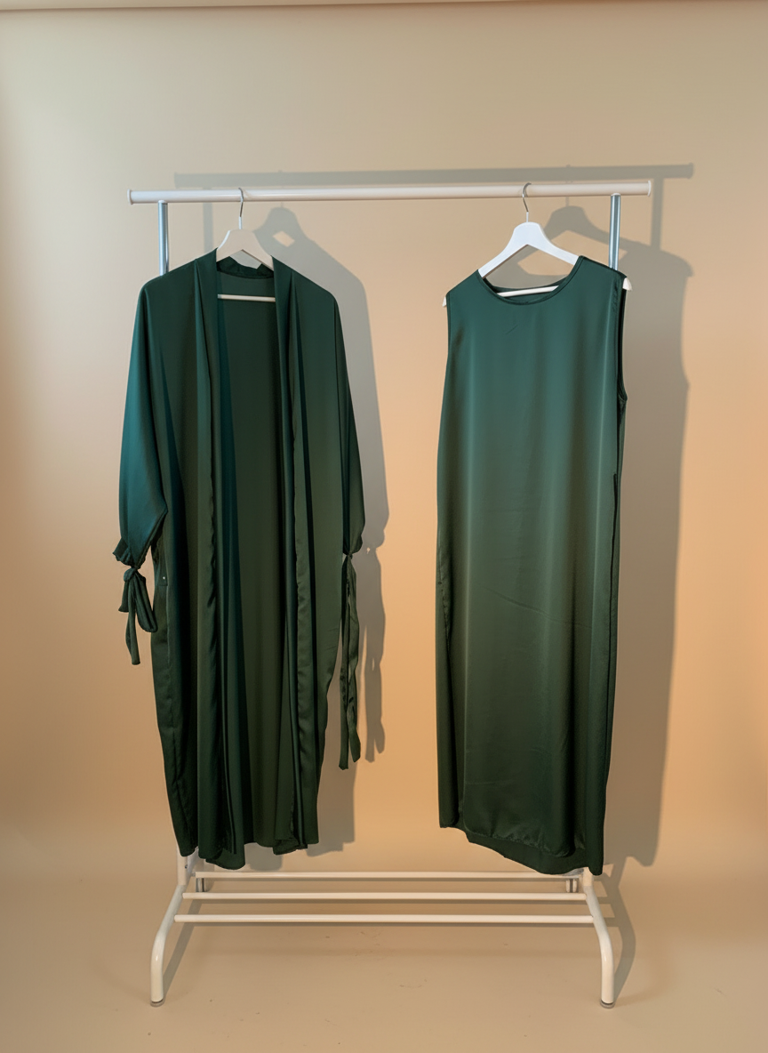 Silky Emerald Green Ribboned Abaya Set