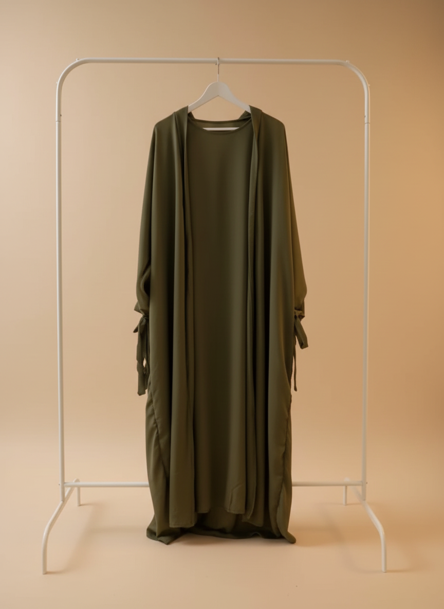 Silky Dark Green Ribboned Abaya Set