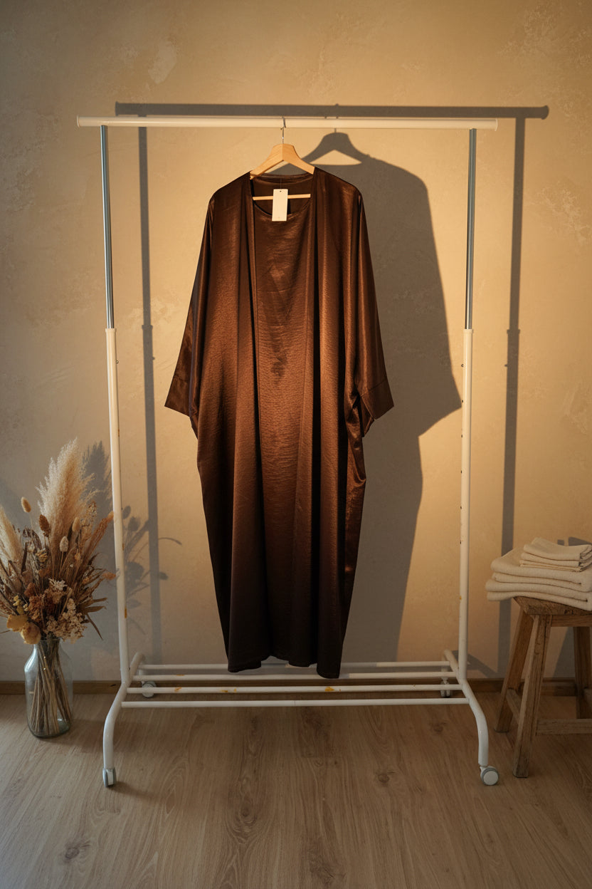 Ribboned Brown Silky Abaya Set