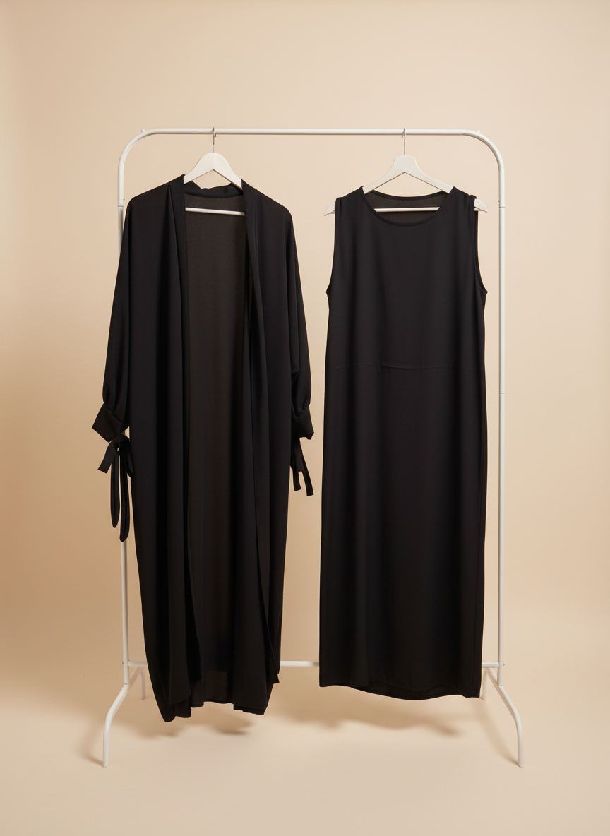 Silky Black Ribboned Abaya Set