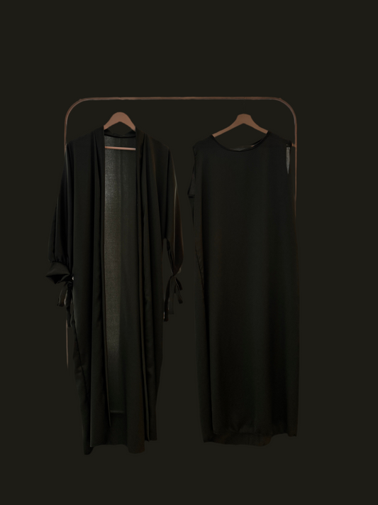 Silky Dark Green Ribboned Abaya Set