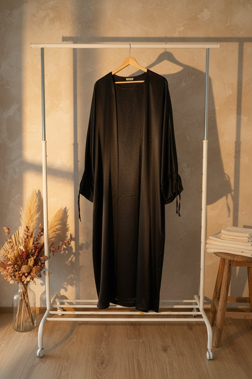 Ribboned Black Silky Abaya Set