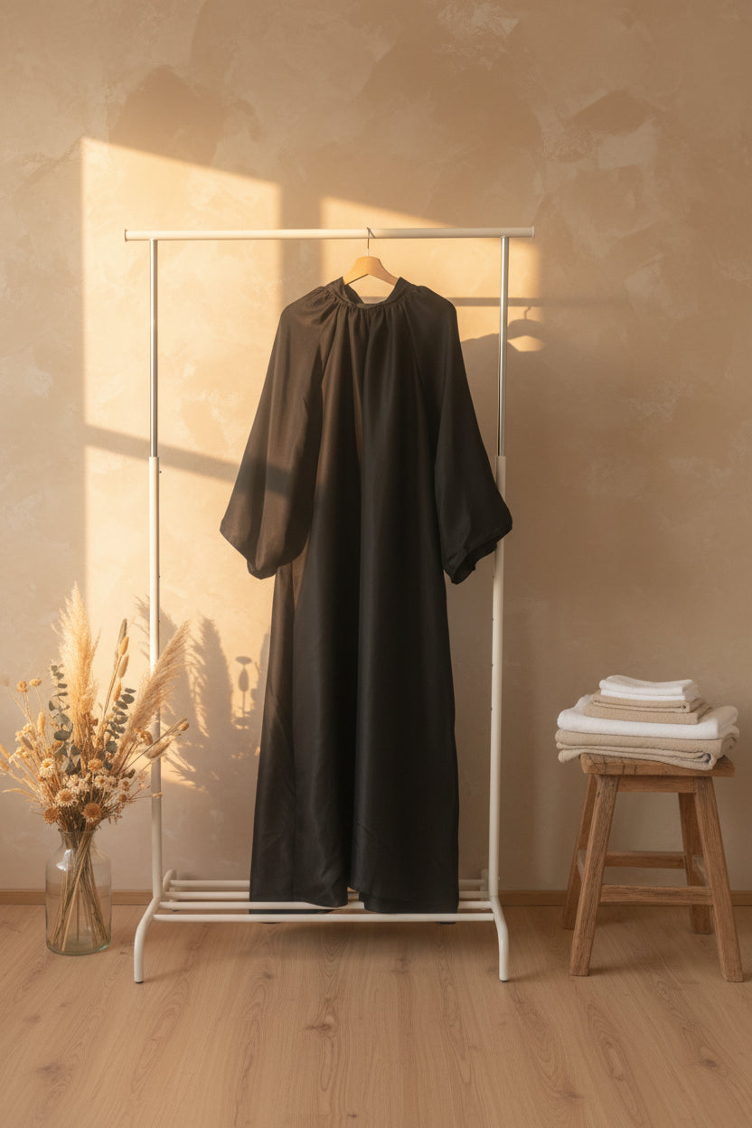 Glistening Black Balloon Sleeved Gown