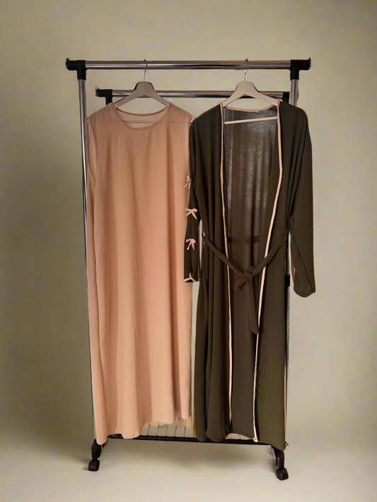 Green & Beige Ribboned Abaya Set