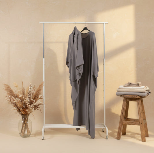 Dark Pastel Grey Butterfly Dress & Speared Khimar Set