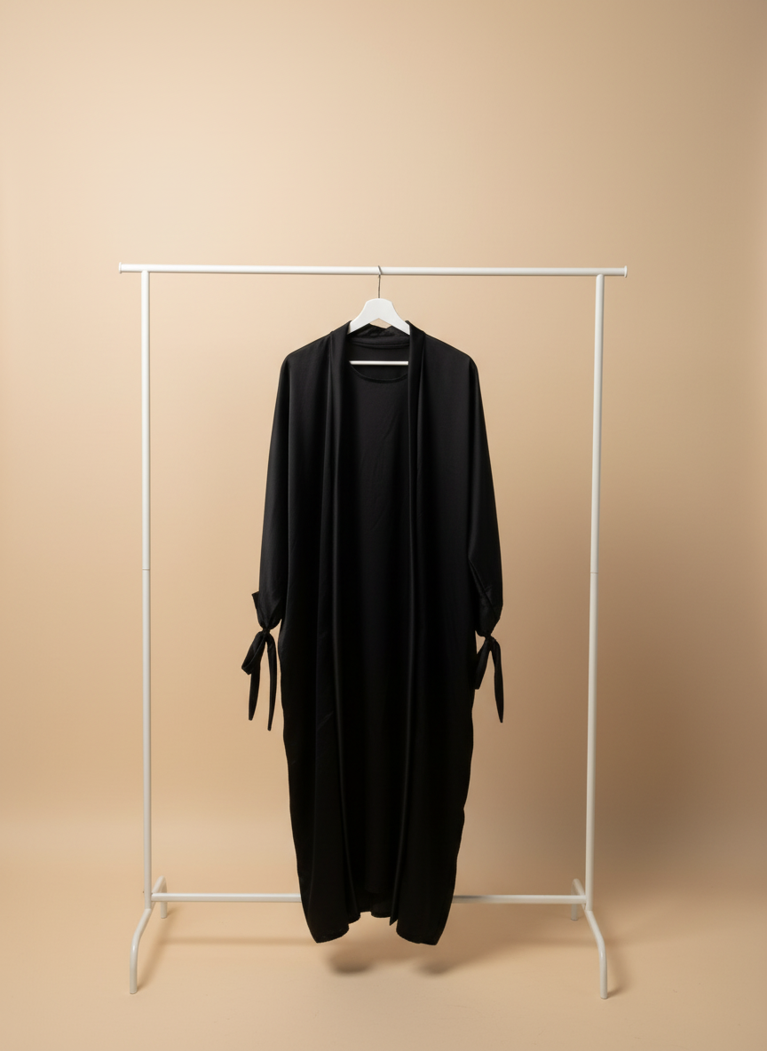 Silky Black Ribboned Abaya Set